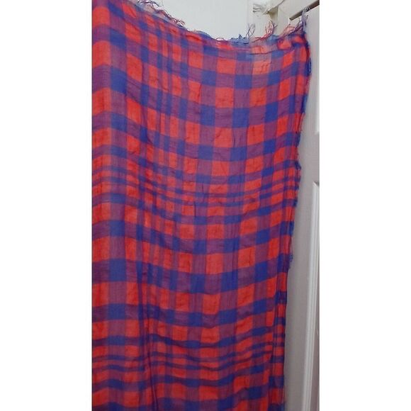 J crew women Italian linen huge Buffalo Plaid poncho scarf wrap blue red square - Picture 5 of 6